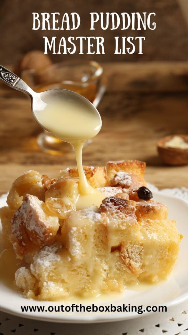 bread pudding is being drizzled with butter and syrup on a white plate