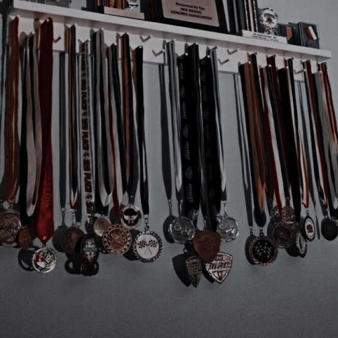 a bunch of medals are hanging from a rack on the wall in front of a mirror