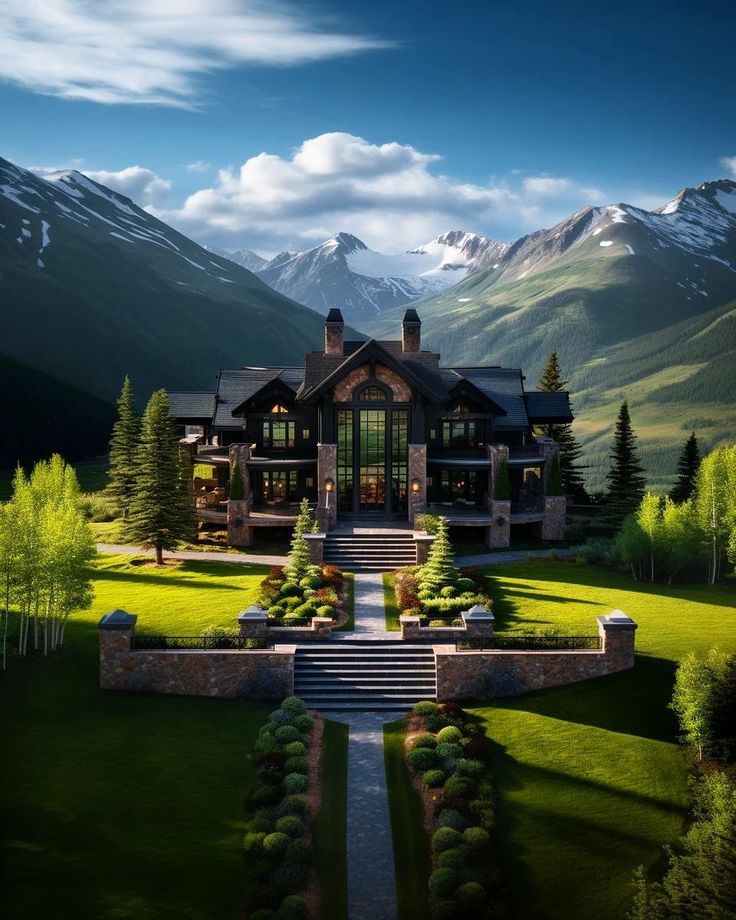 a large house in the middle of a lush green field with mountains in the background