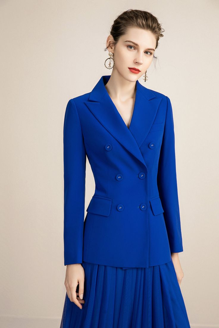 Royal Blue V-neck With Pleated Skirt Blazer Skirt Suits Peak lapels; front button blazer V-Neck, Long sleeves; button cuffs. Structured shoulders. Chest welt pockets. Pleated Skirt V-Neck, Long sleeves; buttons Structured shoulders. Chest welt pockets. Hip flap pockets Polyester 100% Imported Brand - Aision Model Number - 213149C1+S2 V-neck Office Blazer With Buttons, Office V-neck Blazer With Buttons, V-neck Blazer With Buttons For Business, Business V-neck Blazer With Buttons, Tailored V-neck Blazer, Tailored V-neck Blazer With Buttons, Formal Blue V-neck Outerwear, Fitted V-neck Blazer With Buttons, V-neck Fitted Blazer With Buttons