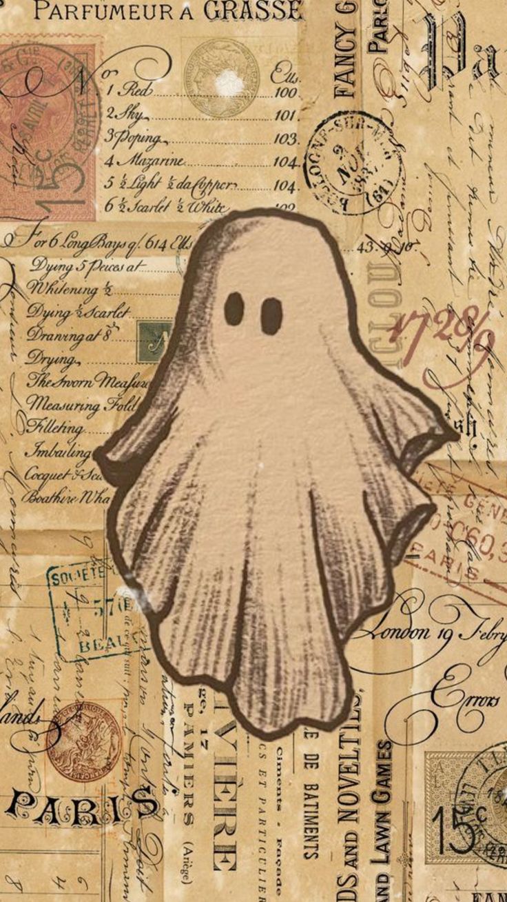 an image of a ghost with stamps on it's face and handwritten letters