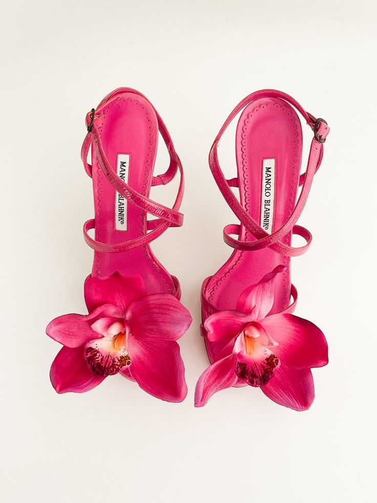 Manolo Blahnik Pink, Faux Orchid, Manolo Blahnik Sandals, Flower Heels, Manolo Blahnik Heels, Chic Sandals, Summer Heels, Vintage Heels, Sandal Heels