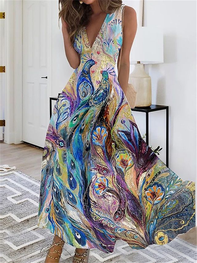 Women's Casual Dress A Line Dress Tank Dress Print V Neck Maxi long Dress Daily Date Sleeveless Summer Spring 2024 - $33.99 Floral Peacock, Long Dresses Casual Maxi, Maxi Long Dress, Womens Long Dresses, Peacock Print, Flowy Maxi Dress, Printed Long Dresses, Peacock Design, Spring Fabric