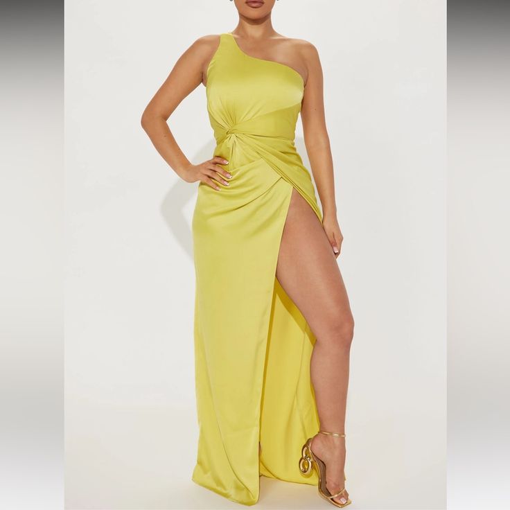 Satin Gown- Yellow/Lime (Large) Gold Maxi Length Gown For Spring, Yellow Summer Party Gown, Yellow Maxi Length Gown For Spring, Yellow Long Evening Dress, Spring Yellow Evening Dress, Yellow Maxi Length Evening Dress For Party, Yellow Maxi Dress For Prom, Yellow Sleeveless Maxi Dress For Evening, Yellow Long Party Dress