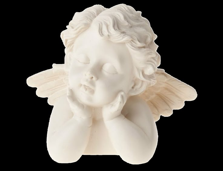 a white angel figurine with its eyes closed and hands under her chin, resting