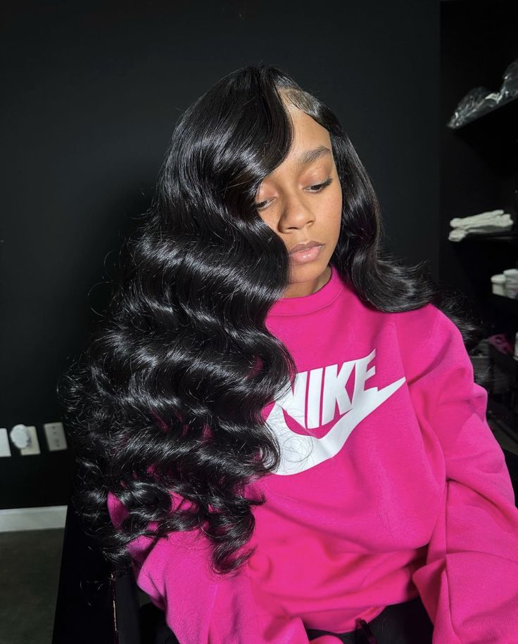 Middle Part Sew In With Wand Curls, Side Part Weave Curls, Side Part Wand Curl Wig, Side Part Sew In With Leave Out Crimps, Side Part Wand Curls Weave, Side Part Wand Curls, Brazilian Wigs, Brazilian Deep Wave, Frontal Wig Hairstyles