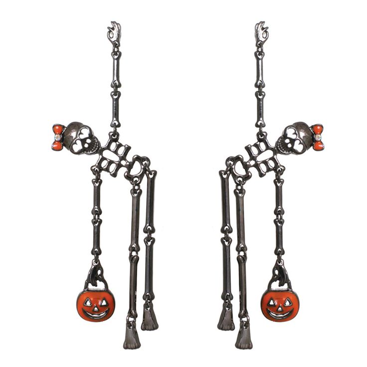 Make a spooktacular statement this Halloween season with our adorable skeleton earrings! Festive dancing skeletons wearing little bows and holding a jack o lantern will turn heads for sure! Hypoallergenic surgical steel post drop earrings measure 4.25 inch length and 1.25 inch width. Metal dangle earrings with colorful enamel accents on the bows and pumpkins. Get in the Halloween spirit with these fun earrings! These whimsical earrings are so comfortable and can be worn all day to bring a little Lotus Flower Jewelry, Halloween Costume Jewelry, Skeletons Halloween, Skeleton Earrings, Dancing Skeletons, Orange Bows, Skull Jewelry, Skull Earrings, Halloween Earrings