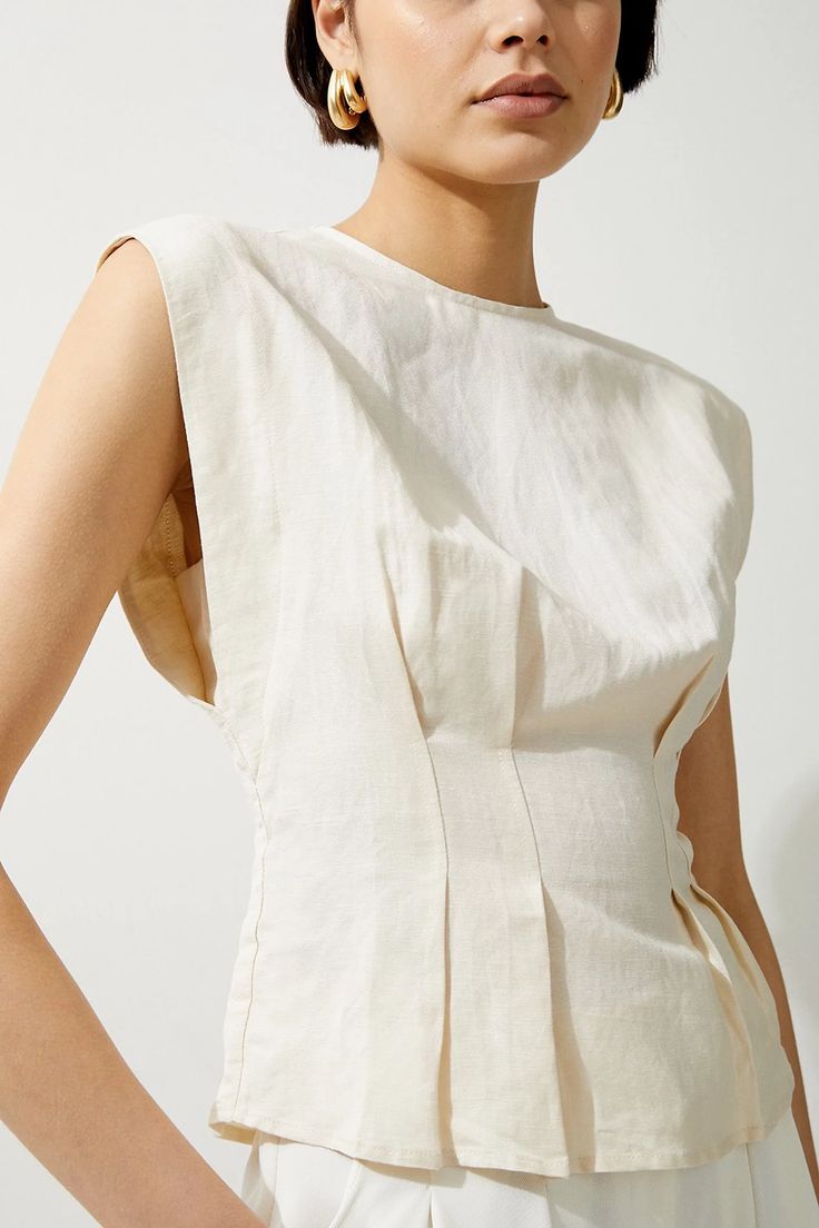 Viscose Linen Woven Strong Shoulder Top | Karen Millen Chic Fitted Beige Linen Dress, Fitted Linen Dress For Work, Fitted Sleeveless Linen Dress For Work, Beige Fitted Linen Summer Dress, Fitted Beige Linen Summer Dress, White Linen Summer Dress For Work, White Linen Dress For Summer Workwear, Elegant Beige Linen Top, Elegant Flax-colored Tops For Spring