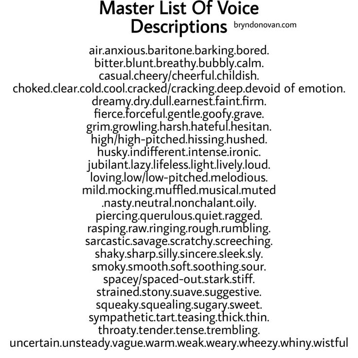 the words are written in black and white on a piece of paper that says master list of voice descriptions