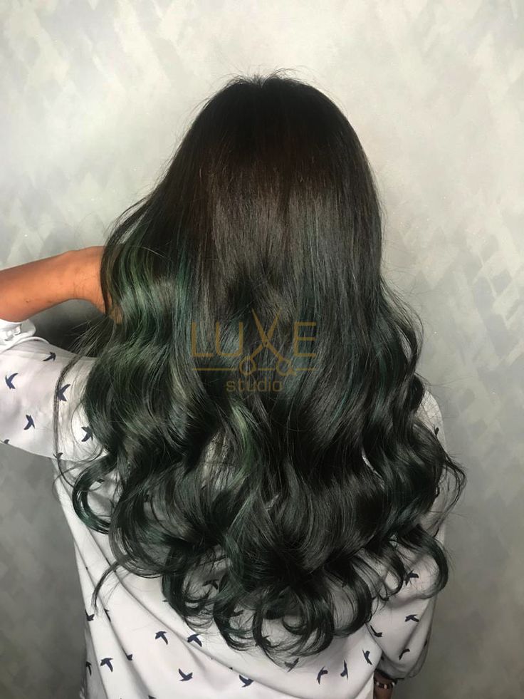 Dark Green Brown Hair, Dark Green And Brown Hair, Dark Green Balayage, Emerald Green Hair Balayage, Emerald Green Balayage, Green Highlights In Brown Hair, Brown Hair With Green Highlights, Green Balayage Hair, Black Hair With Green Highlights