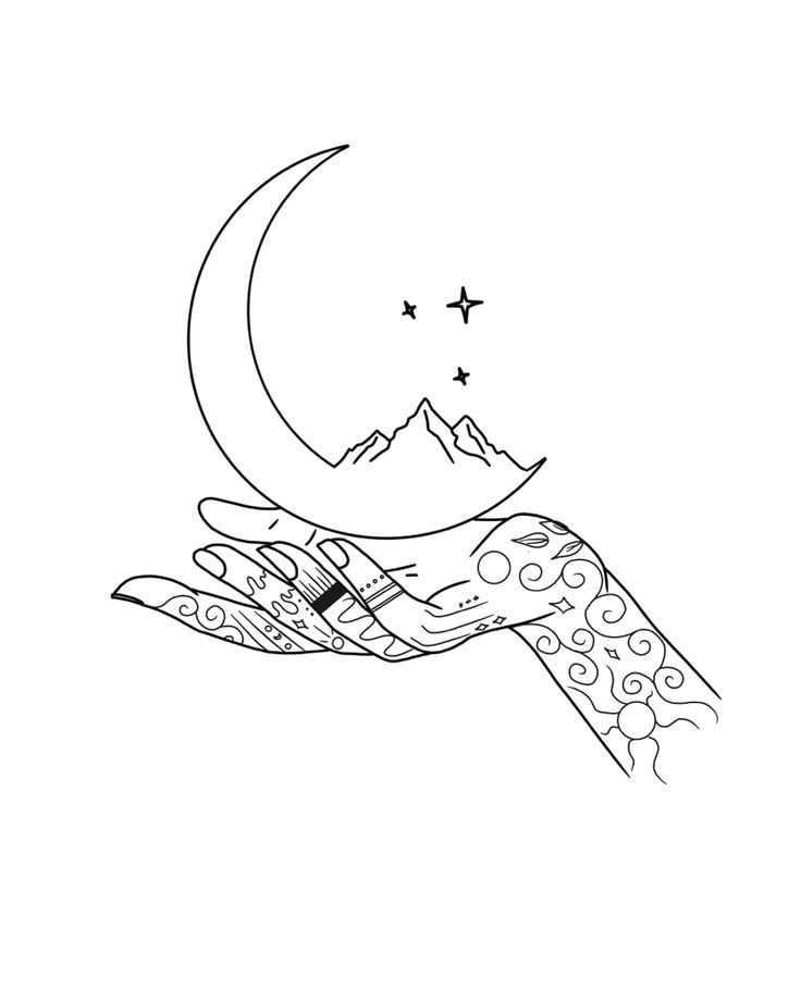 a hand holding the moon with mountains and stars in the sky behind it on a white background