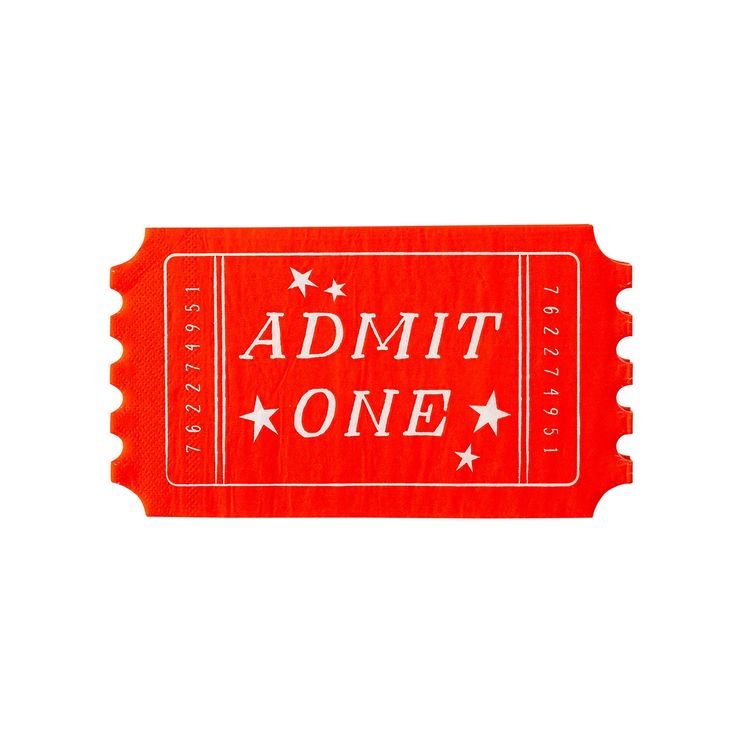 a red ticket with the words admit one printed on it and stars in white lettering