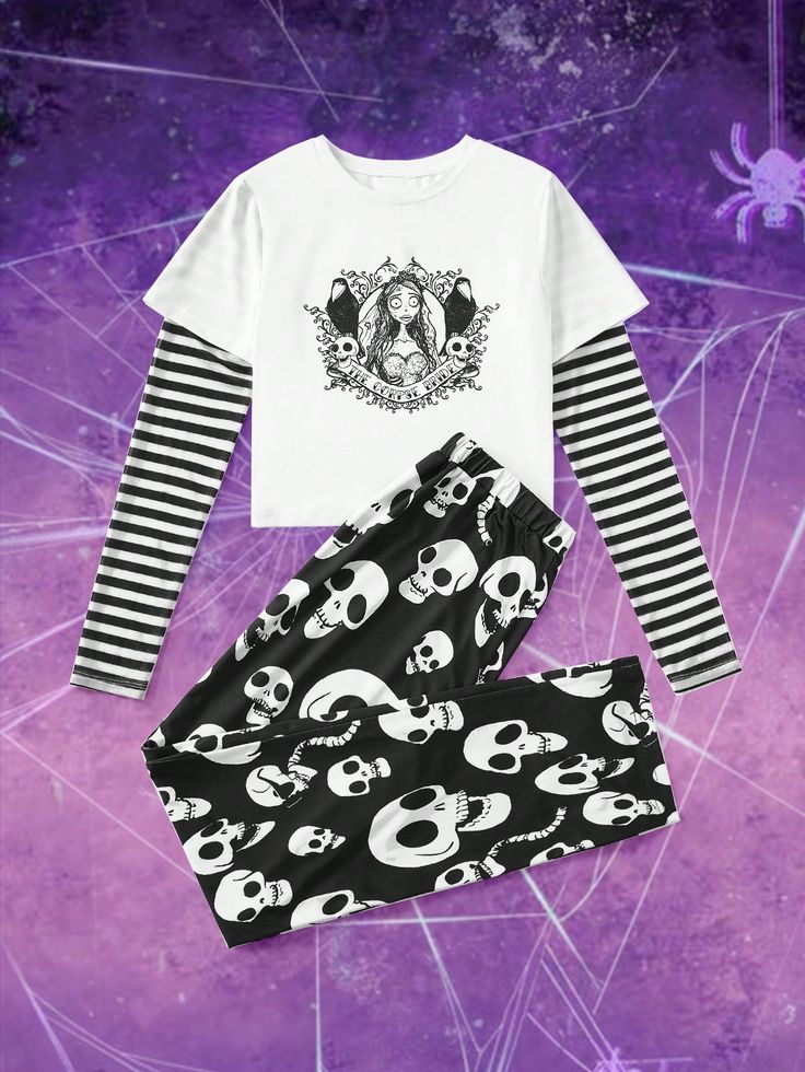 Fall And Winter Halloween Tight-Fitting White 2 In 1 T-Shirt With Striped & Trousers Pajama Set, Zombie Bride Pattern, Skull Pattern, Crow Pattern Black and White Cute    Cartoon,Letter,Striped  Medium Stretch Summer Women Sleep & Lounge, size features are:Bust: ,Length: ,Sleeve Length: Black Magic Witch, Crow Pattern, Black Sleepwear, Dnd Character Design, Outfits With Shorts, Cute Outfits With Shorts, Zombie Bride, Magic Witch, Drop Shoulder Tee