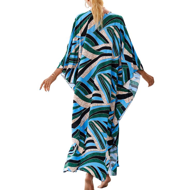 Sky Blue Print Long Kinimo Beachwear Blue Bohemian Cover-up For Beach Party, Chic Blue V-neck Cover-up, Blue Printed V-neck Cover-up, Chic Blue Beach Cover-up, Blue Beachy Cover-up For Beach Season, Blue V-neck Beach Cover-up, Chic Blue Cover-up For Vacation, Blue V-neck Cover-up For Summer, Blue Summer Cover-up For Day Out