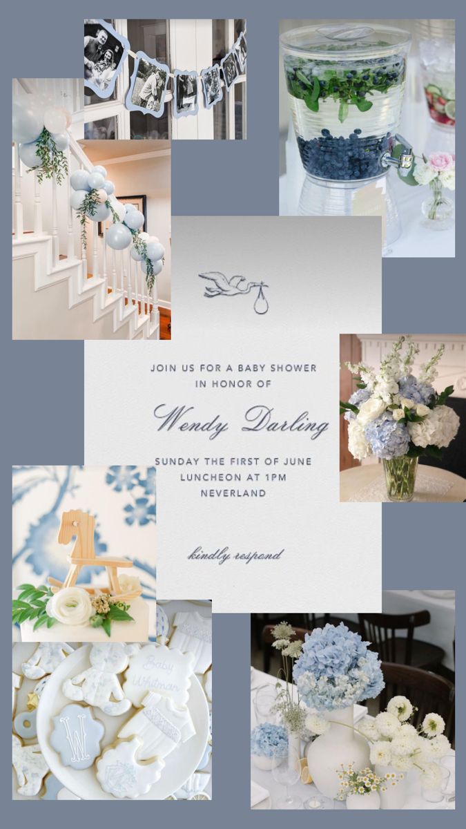 a collage of photos with blue and white flowers in vases, baby shower decorations, and other items