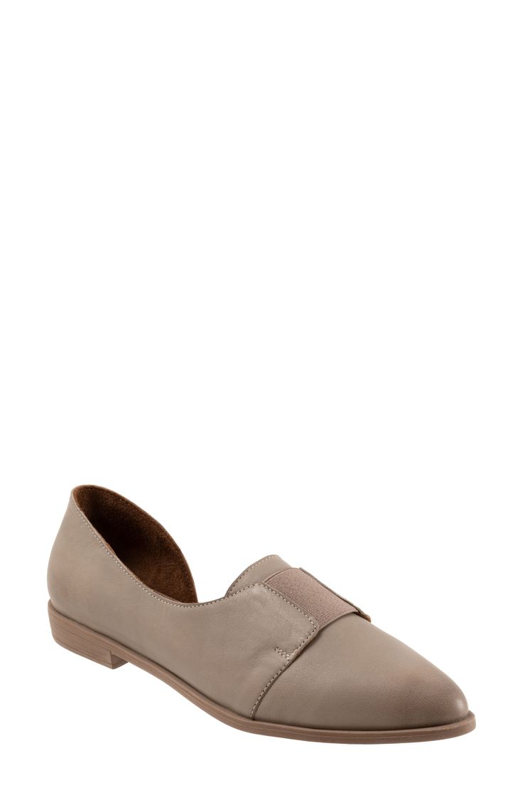 A side cutout and pointy toe add modern dimension to a leather flat set on a cushioned footbed and sturdy rubber sole. Elastic gore inset Cushioned footbed with arch support Leather upper and lining/rubber sole Made in Turkey Leather Ballet Flats With Stitched Sole, Slip-on Leather Ballet Flats With Closed Toe, Leather Slip-on Ballet Flats With Closed Toe, Spring Leather Shoes With Textured Sole And Pointed Toe, Modern Low Heel Leather Loafers, Modern Leather Loafers With Low Heel, Flat Leather Slip-ons, Spring Pointed Toe Flats With Leather Footbed, Swift Leather Flats With Almond Toe And Rubber Sole