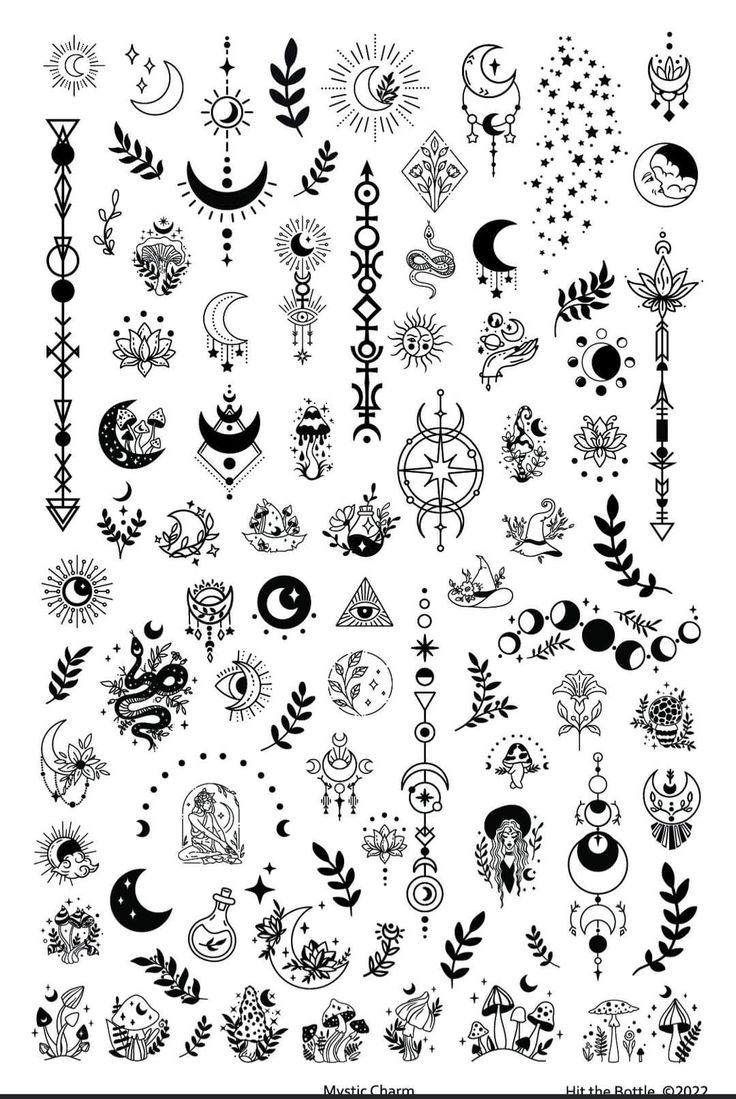 an assortment of tattoo designs and symbols on a white background, with the words mystic charm written