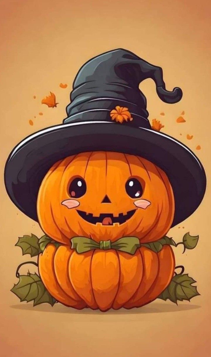 a cartoon pumpkin wearing a witches hat with leaves around it's neck and eyes