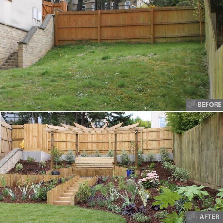 before and after pictures of a backyard garden with wooden fence, grass area, flower beds, and steps leading up to the back yard