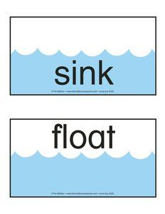 two matching flash cards with the words sink and float in black letters on blue water