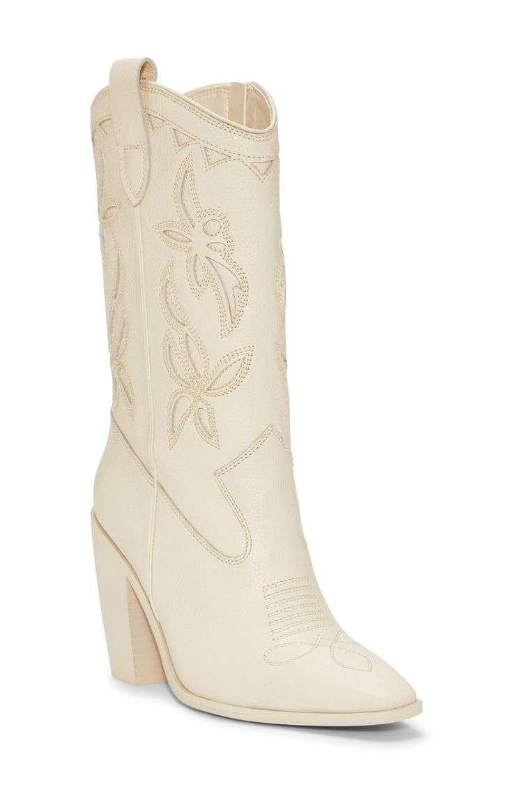 Classic embroidery, a notched topline and square toe give Western-inspired style to this leather boot. 3 1/2" heel 9 3/4" shaft Side zip closure Leather upper/synthetic lining/rubber sole Imported Western Style Mid-calf Boots With Block Heel For Spring, Beige Western Boots With Square Toe, Fitted Square Toe Heeled Boots For Rodeo, Wide Calf Snip Toe Boots For Spring, Fitted Snip Toe Heeled Boots For Spring, Cream Snip Toe Boots With Reinforced Heel, Cream Leather Snip Toe Heeled Boots, Cream Leather Heeled Boots With Snip Toe, Western Cream Leather Heeled Boots