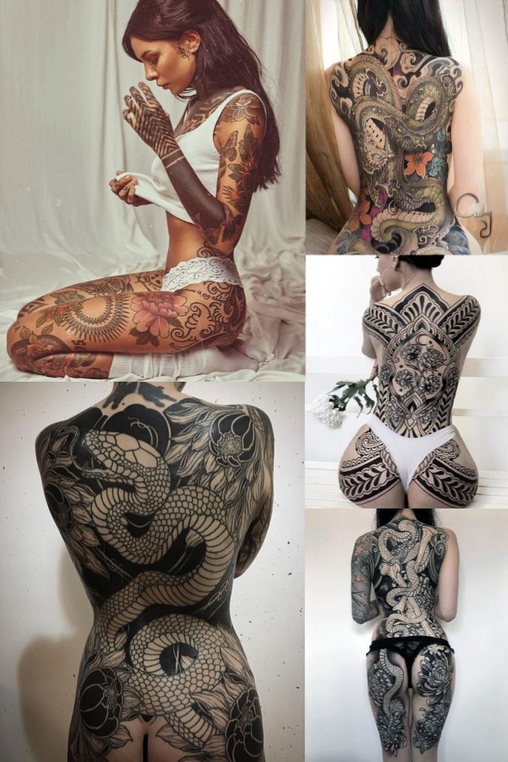 the woman is sitting down with tattoos on her body and hands behind her back, while she