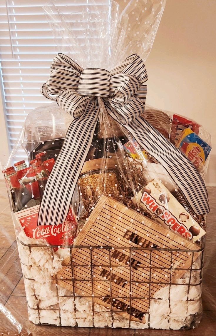 a gift basket filled with snacks and candy