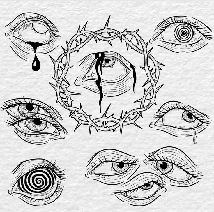 an image of various eyes with barbed wire around the iris and tears on them