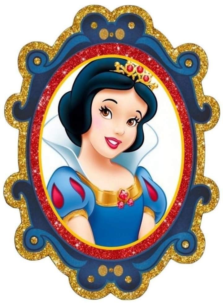 snow white from the disney movie is shown in a blue frame with gold glitters