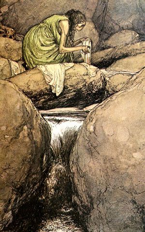 a painting of a woman sitting on rocks next to a stream with water running through it