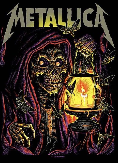 an image of a skeleton holding a lantern in front of a glowing candle with the words metallic