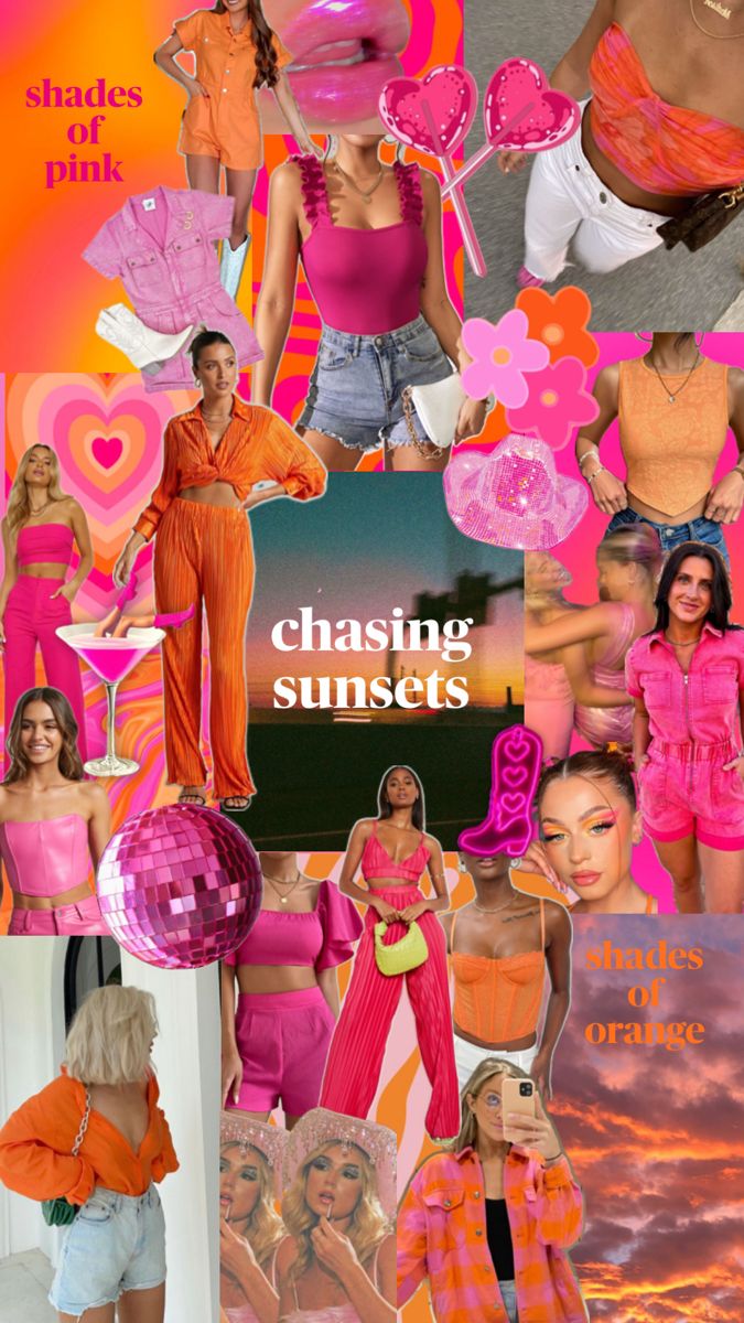 a collage of photos with pink and orange colors, including the words chasing sunsets