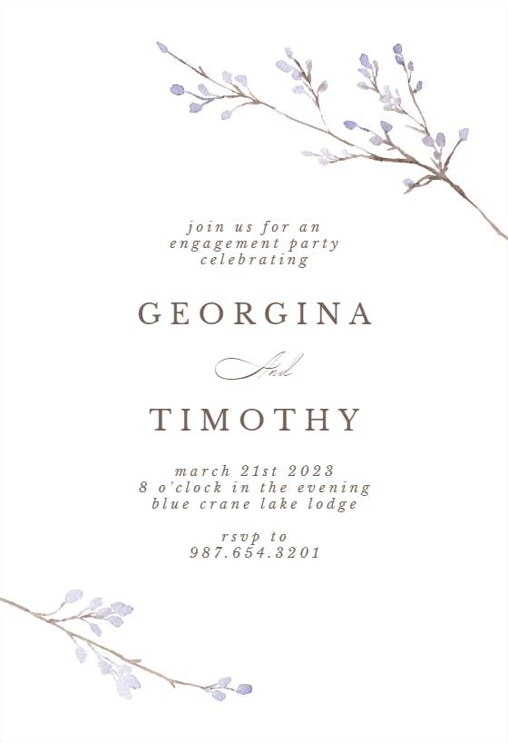 an elegant wedding card with purple flowers on it