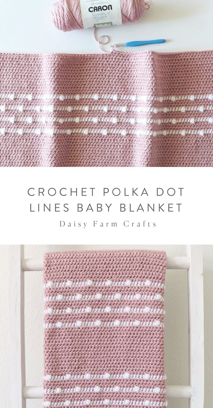 crochet polka dot lines baby blanket in pink and white with yarn on top