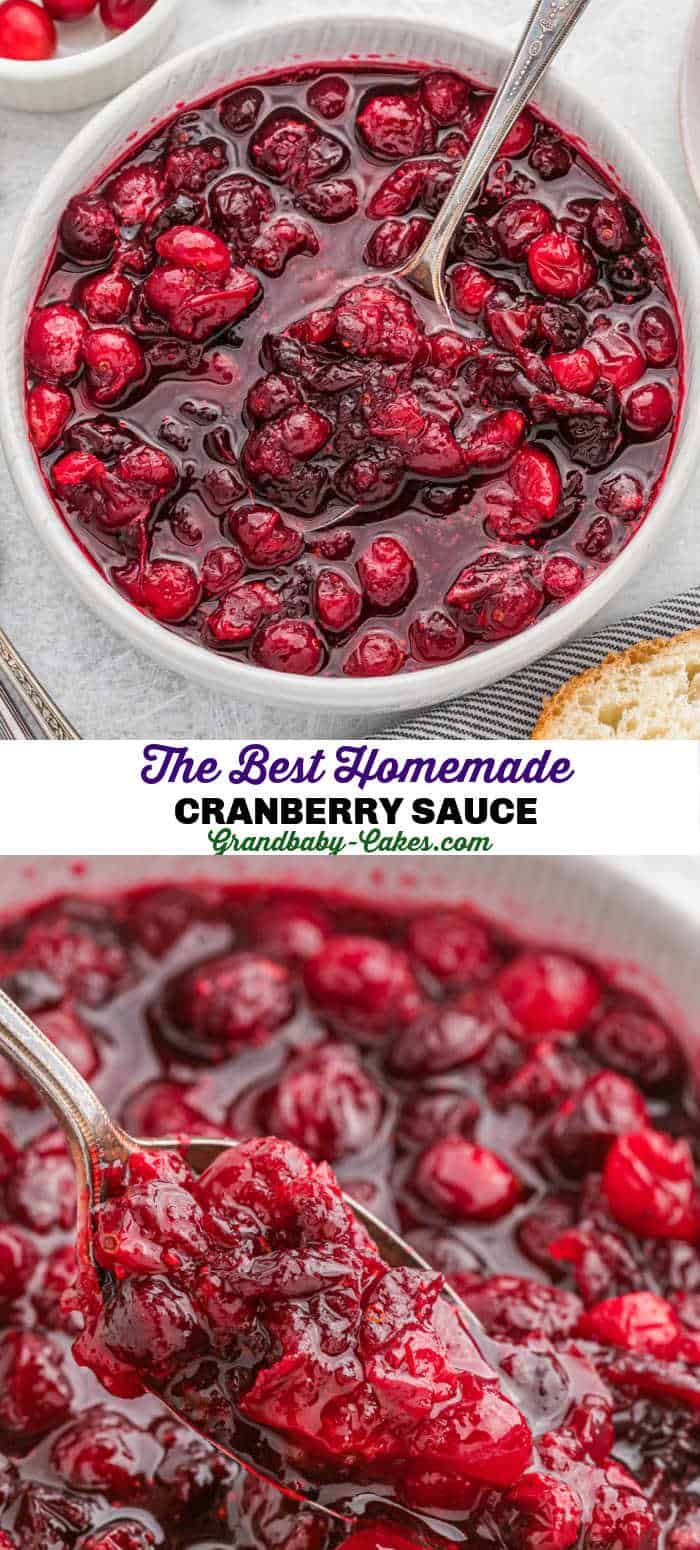 cranberry sauce in a white bowl with spoons on top and the same image