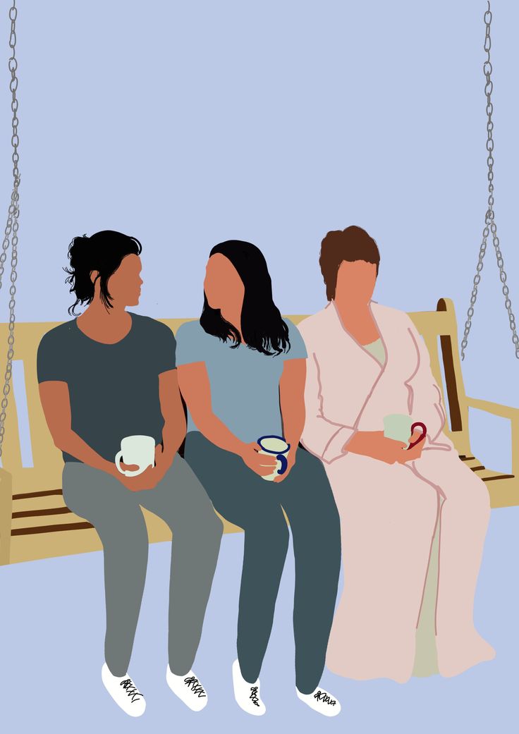 three women sitting on a swing drinking tea or coffee, and one holding a mug