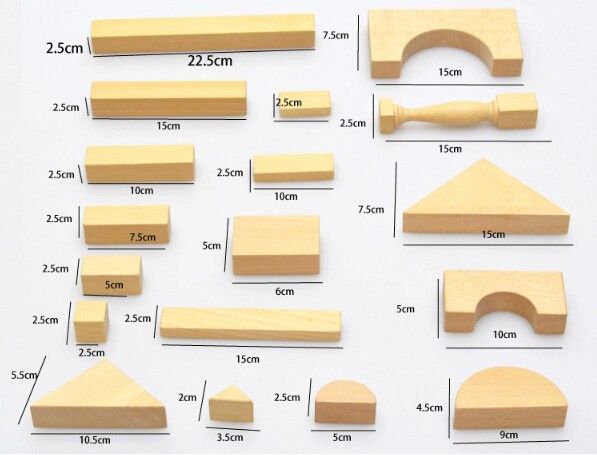 various wooden shapes and sizes are shown on a white surface with measurements for each piece