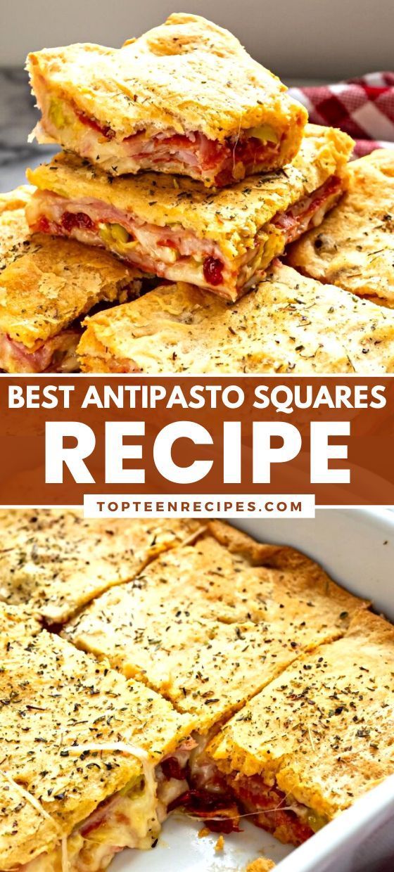 the best antipasto squares recipe with text overlay