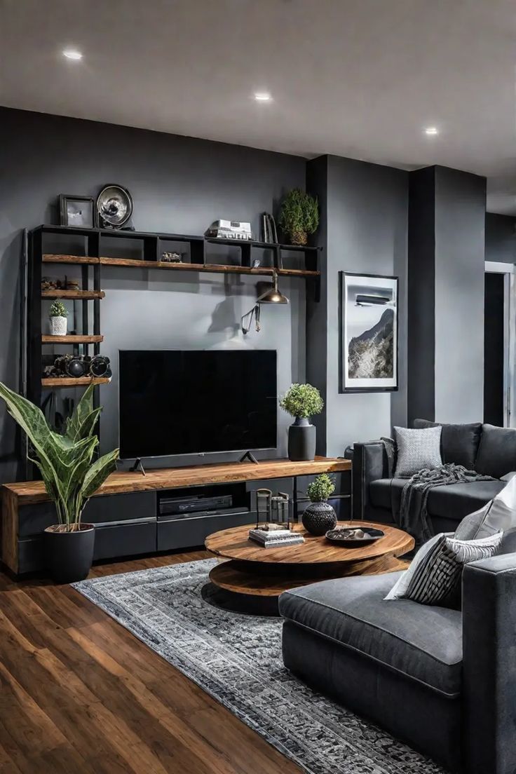 a living room filled with furniture and a flat screen tv on top of a wooden table