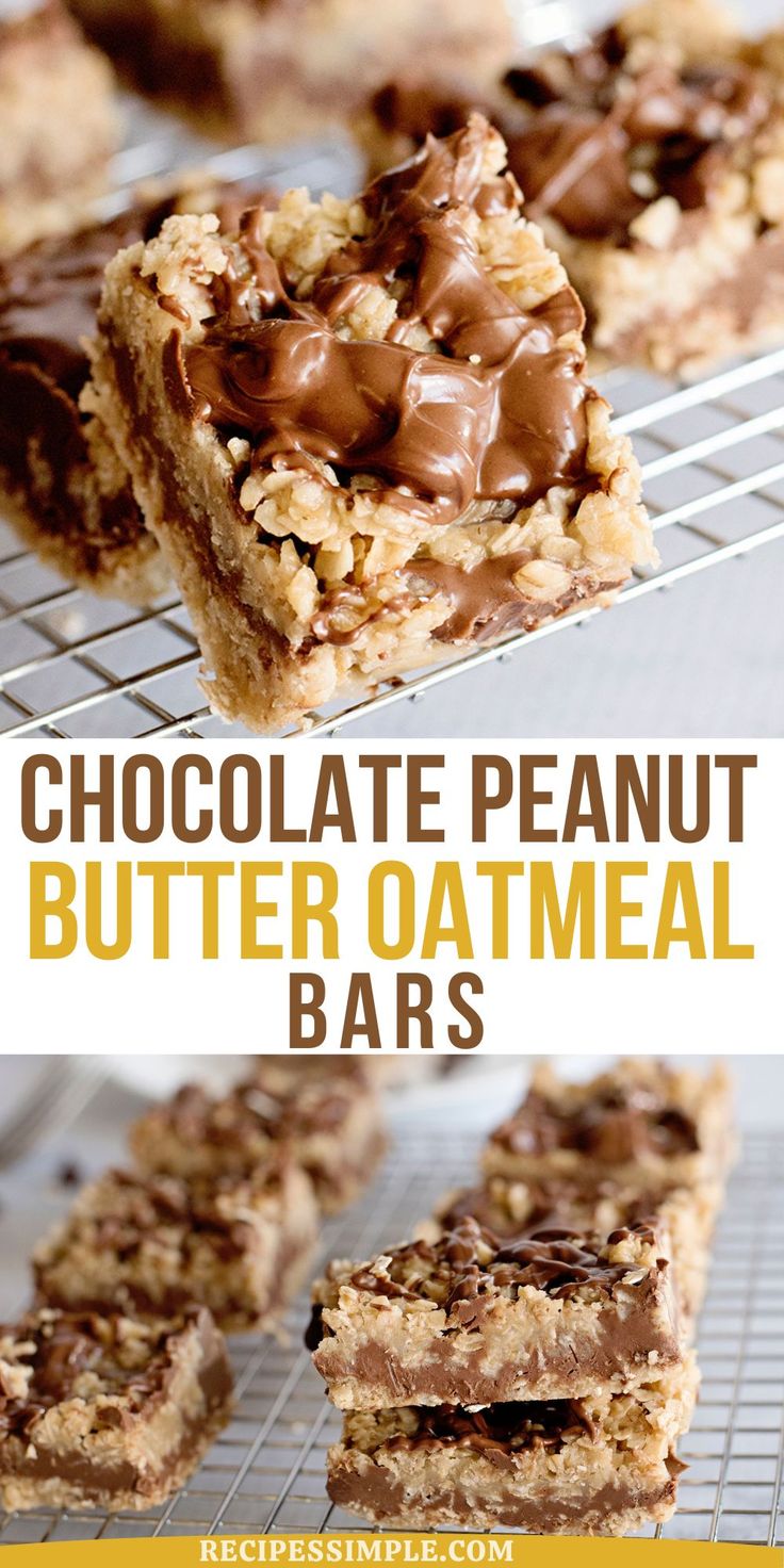 chocolate peanut butter oatmeal bars on a cooling rack with text overlay