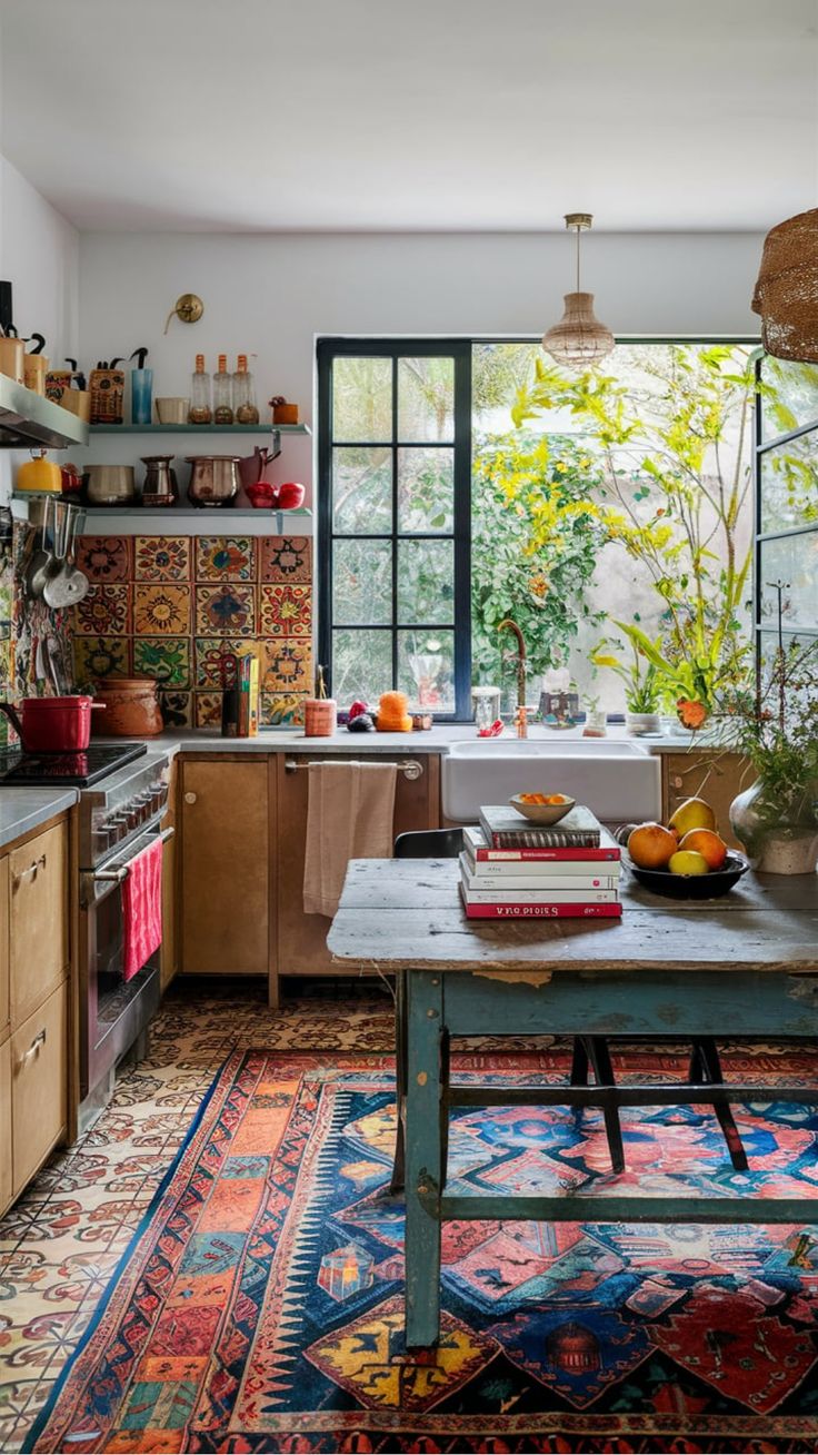 the kitchen is decorated with colorful rugs and wooden cabinets