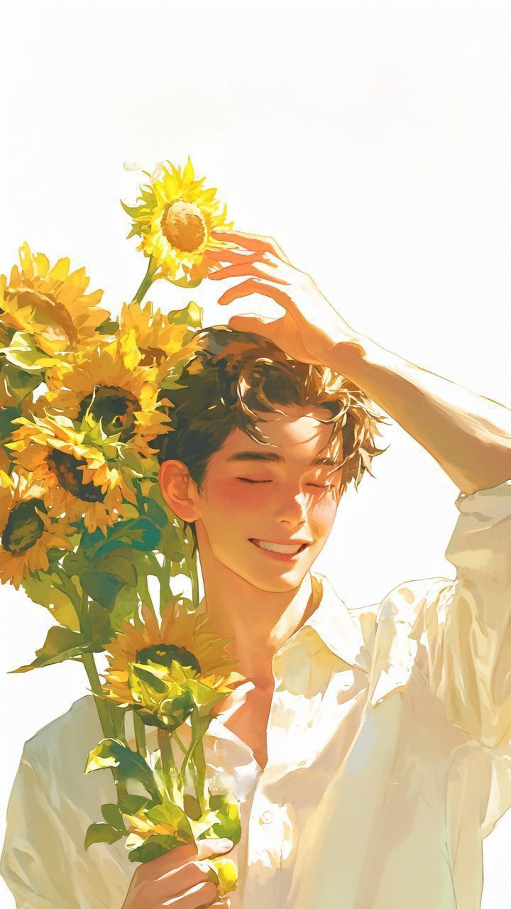 a young man holding sunflowers up to his head in front of white background