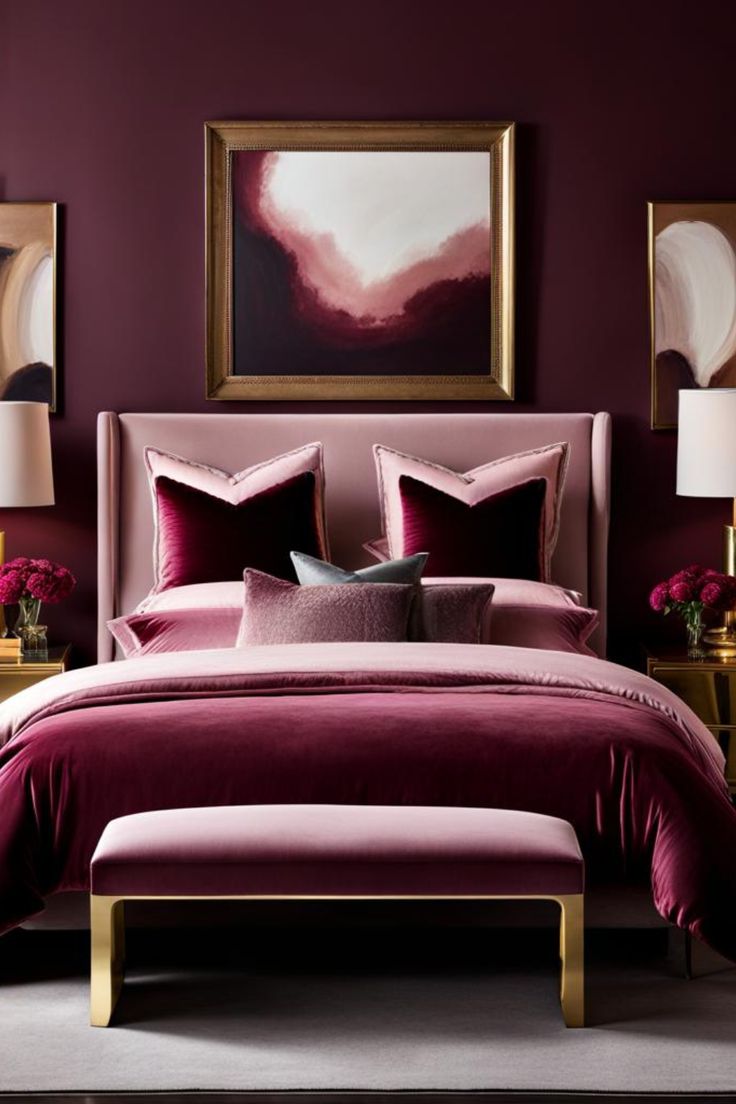 Imagine a space with burgundy walls and a statement velvet headboard in a lighter shade of pink. A dresser and soft, grey bedding contrast the dark walls, with gold-framed artwork adding sophistication. Aubergine And Pink Bedroom, Pink Monochromatic Bedroom, Mauve And Burgundy Bedroom, Romantic Bedroom Ideas For Women, Burgundy And Pink Bedroom Ideas, Blush And Burgundy Bedroom, Burgundy And Pink Bedroom, Dark Feminine Room Decor, Rose Wall Color