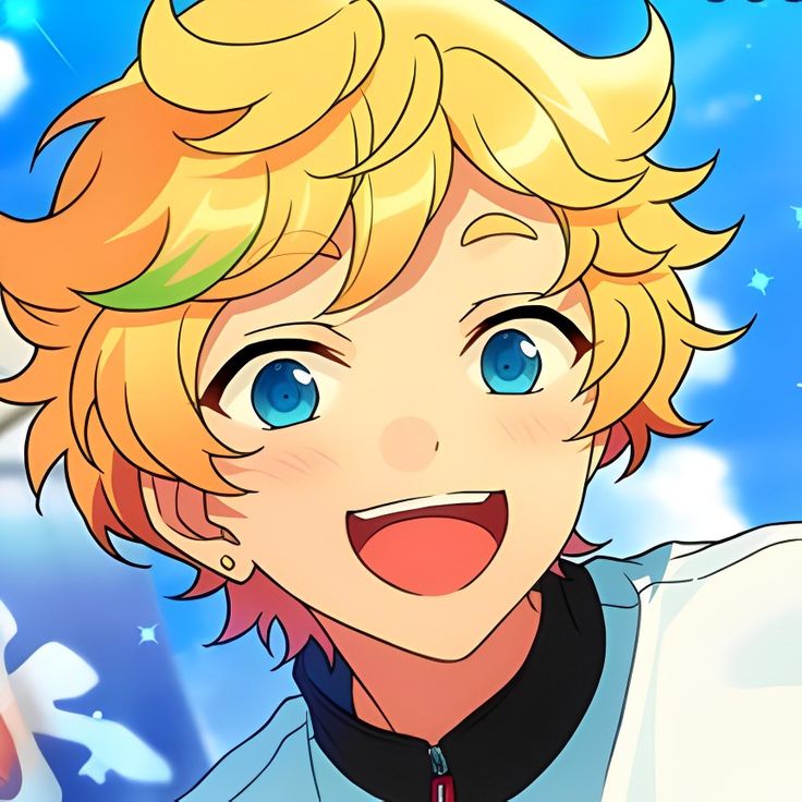 an anime character with blonde hair and blue eyes smiles at the camera while wearing a white shirt