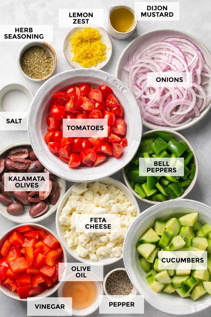 the ingredients for this salad are shown in bowls and labeled with different types of vegetables