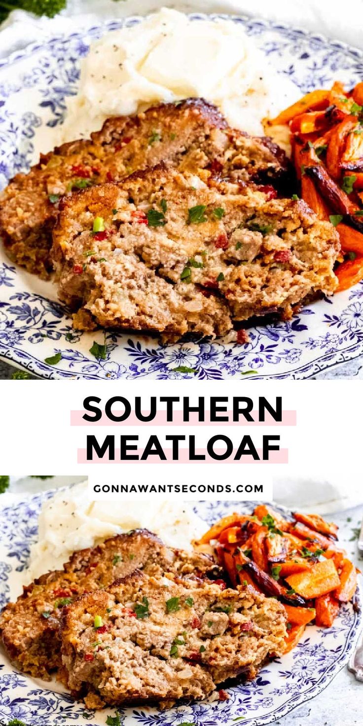 two pictures of meatloaf with mashed potatoes and carrots