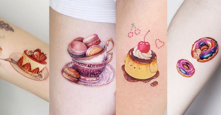 three different tattoos with donuts and cakes on their arms, one has a cherry in it