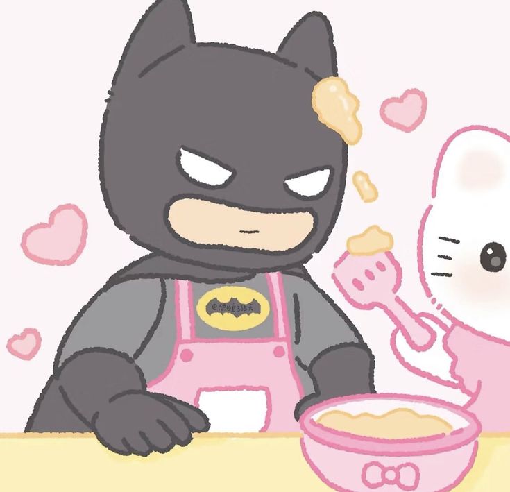 a cartoon cat is eating cereal from a bowl with a batman figure next to it