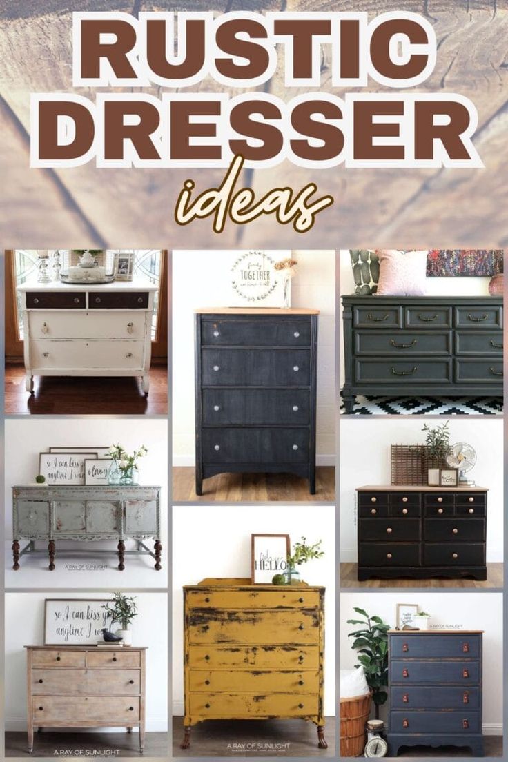 an advertisement for rustic dressers with different styles and colors