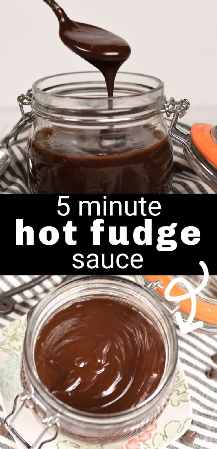 a jar filled with hot fudge sauce sitting on top of a table next to a spoon